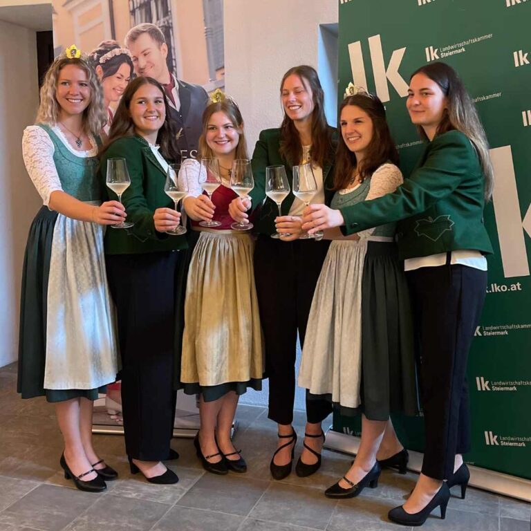 Gruppenfoto der scheidenden Weinhoheiten, mit den neuen Weinhoheiten der Steiermark, sie stoßen mit einem Glas wein auf die Übergabe an.